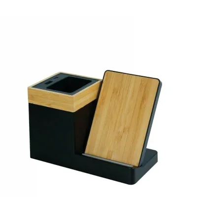 Bamboo Pen Holder with 15W Wireless Charger & LED Logo