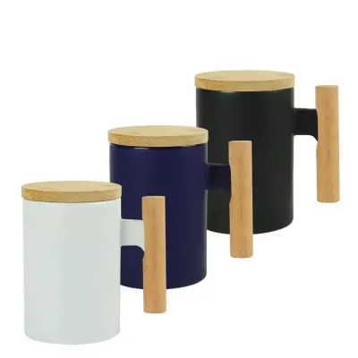 Crux Ceramic Coffee Mugs with Bamboo Handle and Lid 380ml