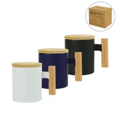 Crux Ceramic Coffee Mugs with Bamboo Handle and Lid 380ml