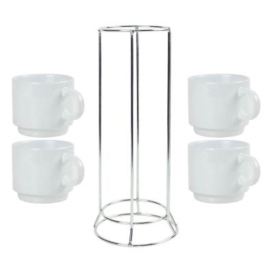 Bulk Ceramic Coffee Cups Set 4Pcs with Silver Metal Rack