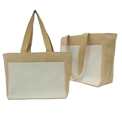 Jute bag with Natural Canvas Pocket with Zipper Closure