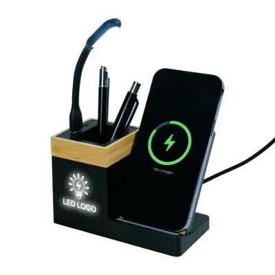 Bamboo Pen Holder with 15W Wireless Charger & LED Logo