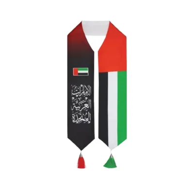 UAE Flag Scarf with Arabic Writing, Red & Green Tassel 