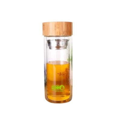 Double Wall Borosilicate Glass Bottle with Bamboo Lid & Tea Infus