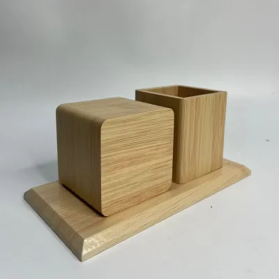  Wooden Desk Voice Control Desktop Storage Pen Holder with  Alarm