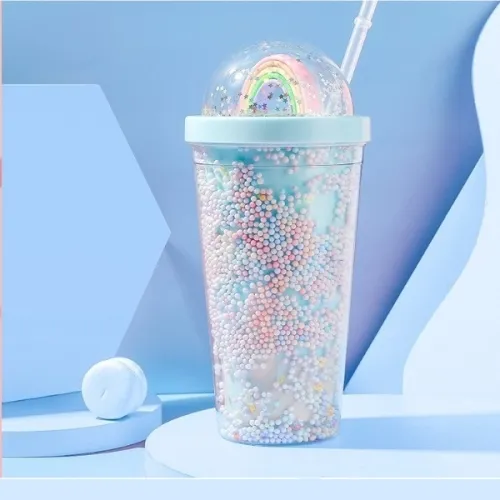 Glitter Travel Tumbler Double Wall Reusable Plastic Milkshake Cups with Straw ELTM-02